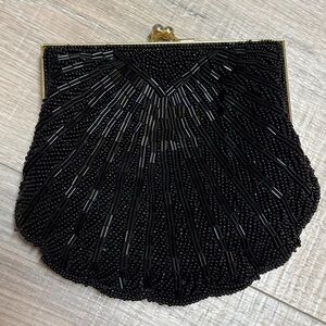 Vintage Lauren Alexandra Beaded Black Scalloped Purse with Crossbody Chain
